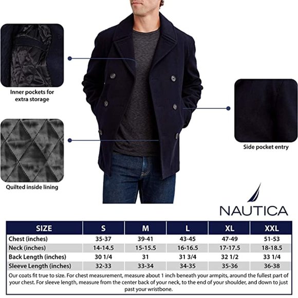 NWT Nautica Men's Classic Double Breasted Peacoat Black Size XXL $200 8C010 - Picture 5 of 5